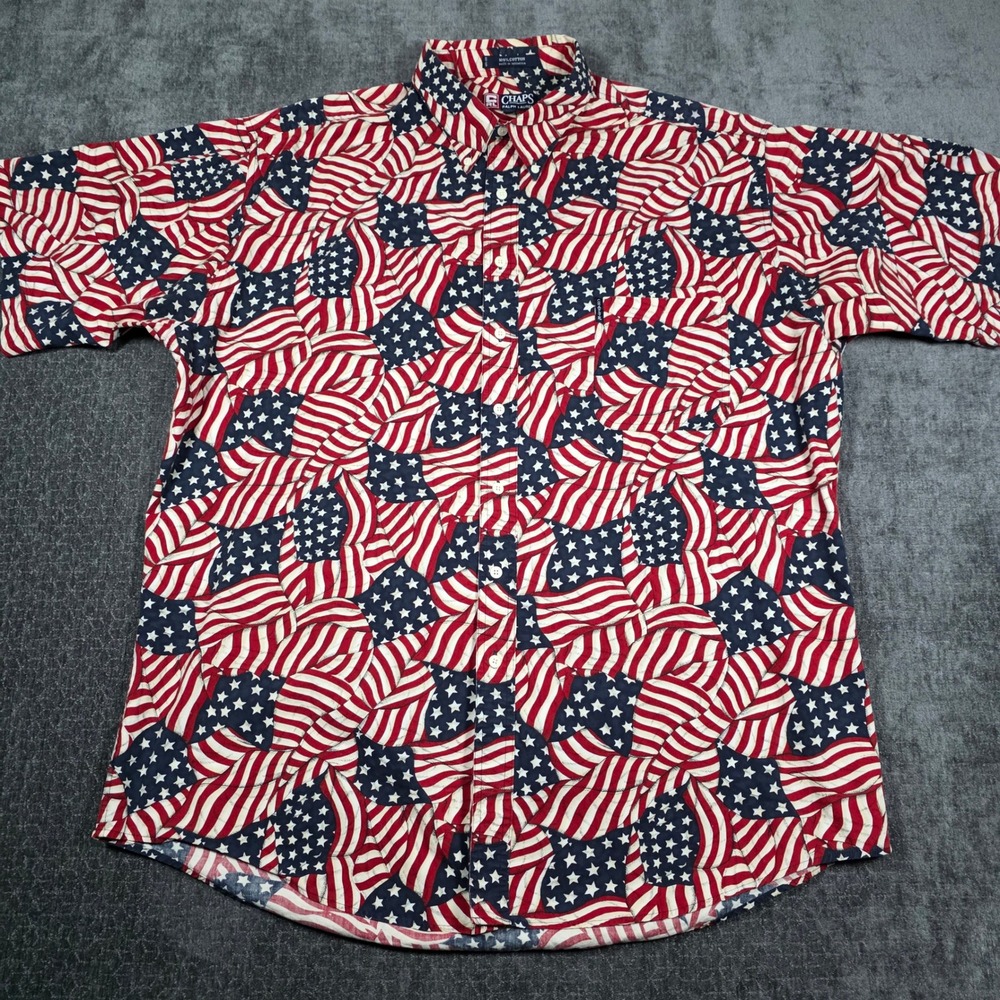 Vtg Chaps Ralph Lauren Mens 2XLT Tall American Flag Button Down Shirt Patriotic